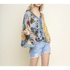 Umgee Women XL Garden Party Floral Patchwork Bell Sleeve Blouse Top Cottagcore